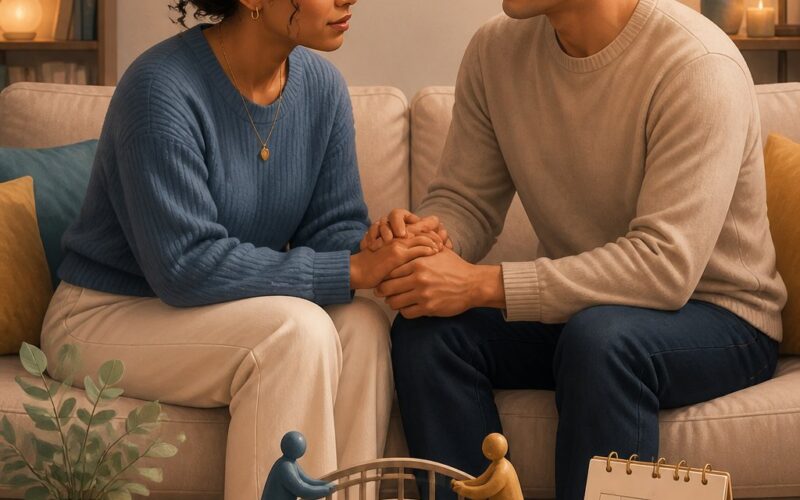 Two partners sit together, holding hands and offering each other reassurance in a calm, supportive setting.