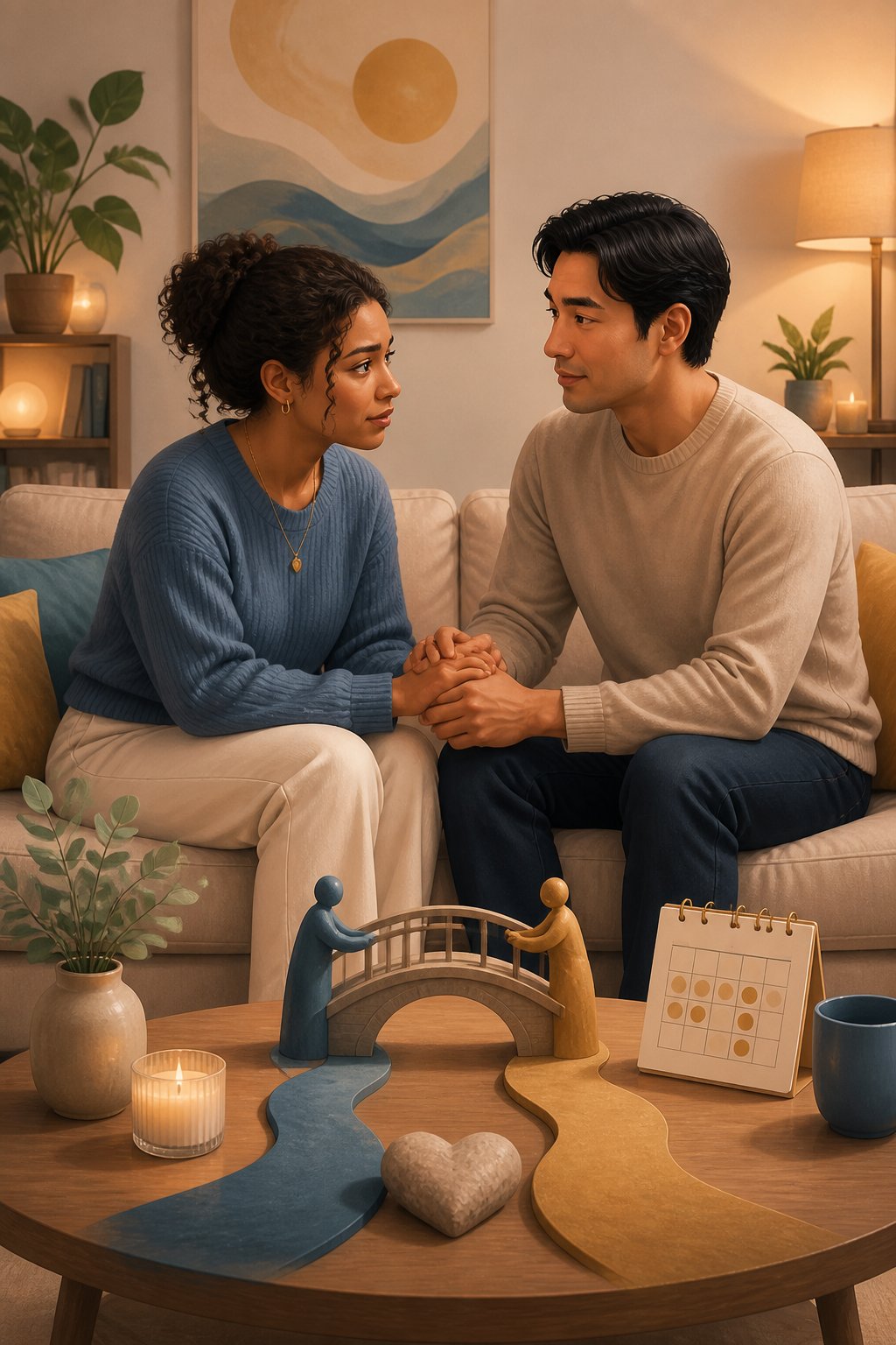 Two partners sit together, holding hands and offering each other reassurance in a calm, supportive setting.