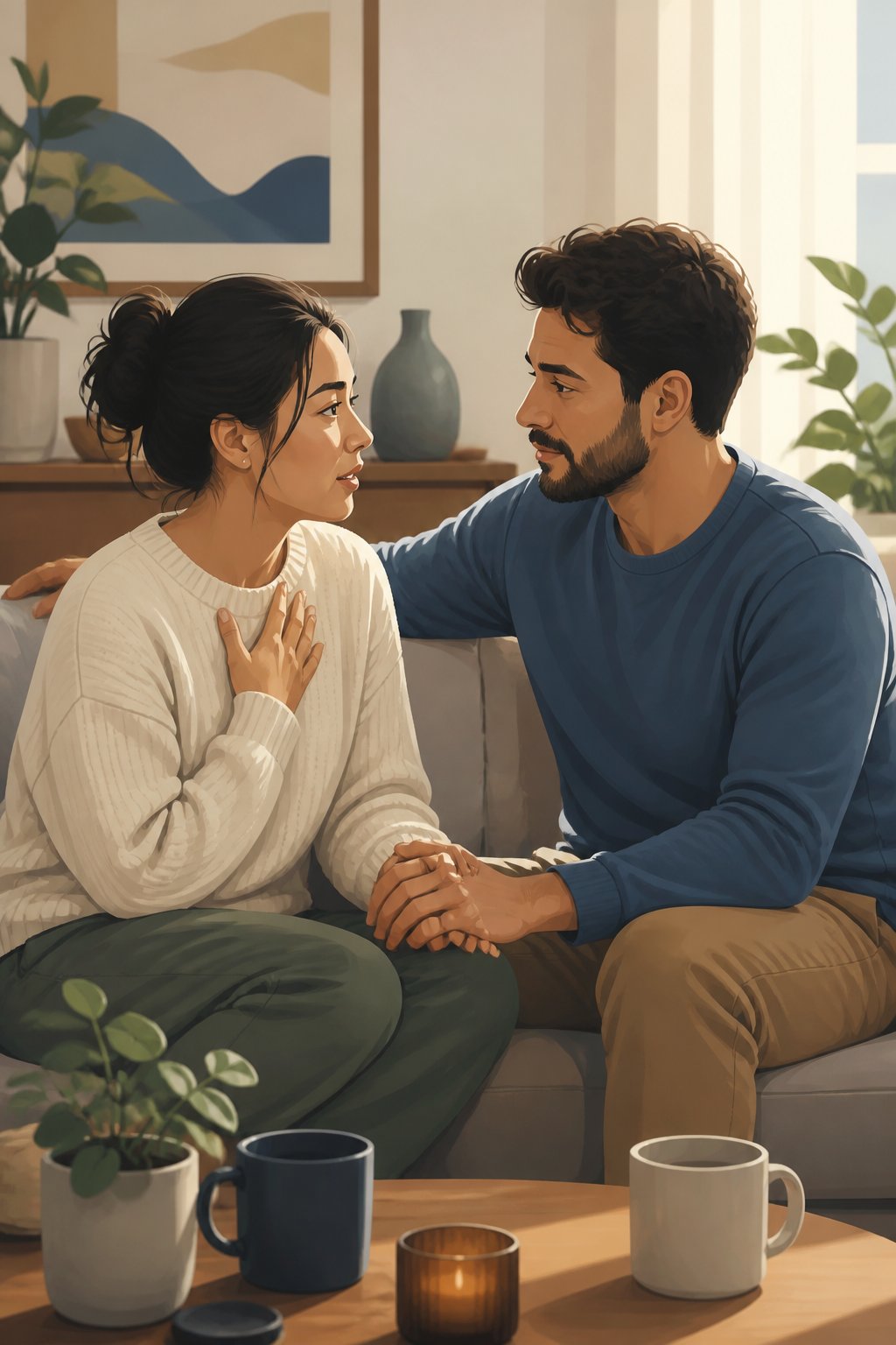 A couple sits together at home, with one partner listening supportively while the other shares their feelings.