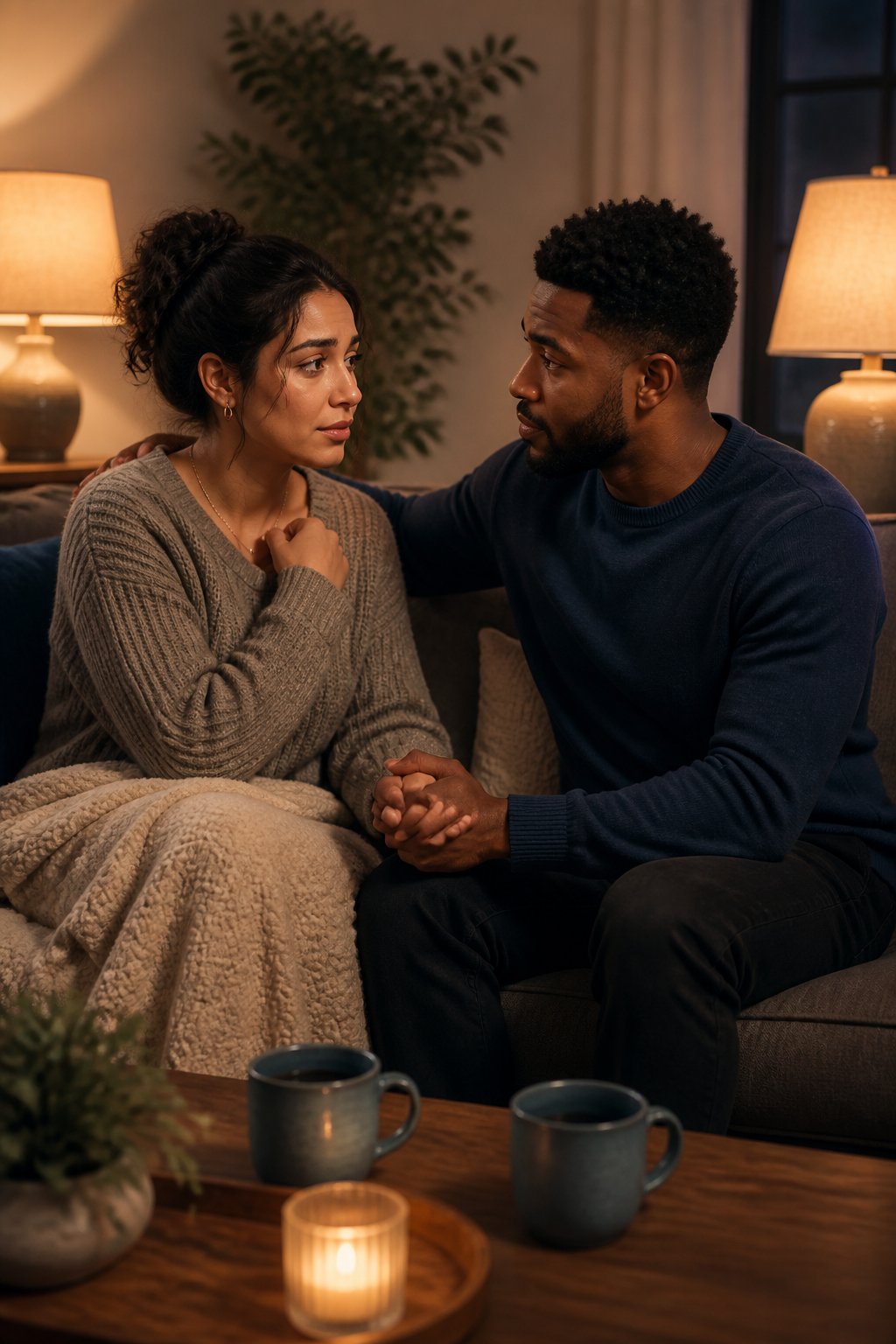 Two partners sit together on a sofa as one offers reassurance and holds the other’s hand.