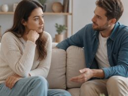 A couple sits together in a calm living room as one partner listens supportively to the other.