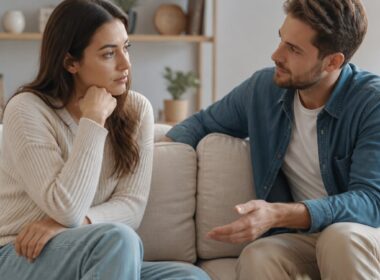 A couple sits together in a calm living room as one partner listens supportively to the other.