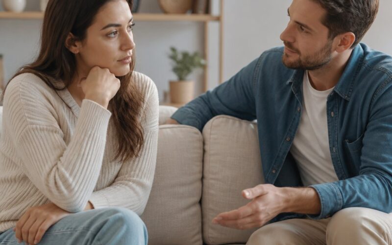 A couple sits together in a calm living room as one partner listens supportively to the other.