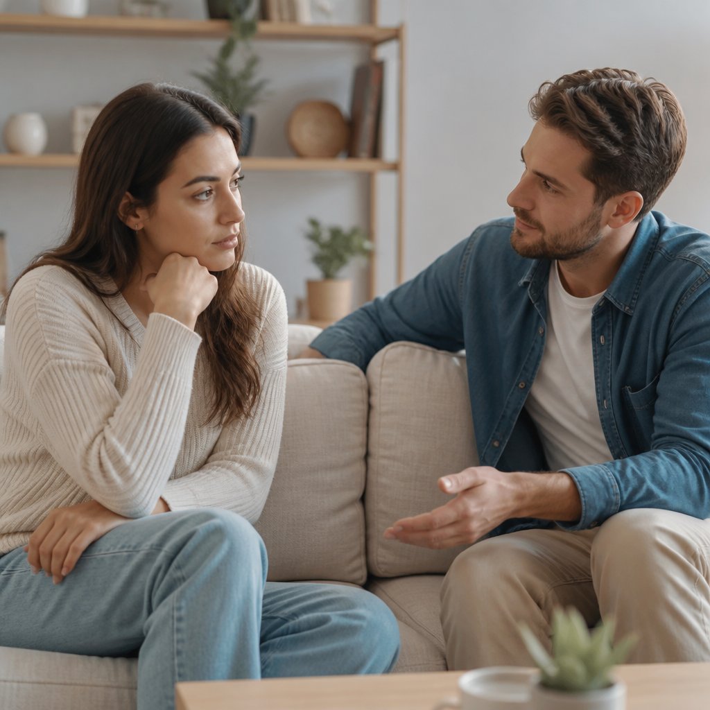 A couple sits together in a calm living room as one partner listens supportively to the other.