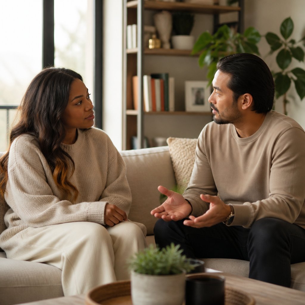 A couple shares a calm, supportive conversation in a softly lit living room.