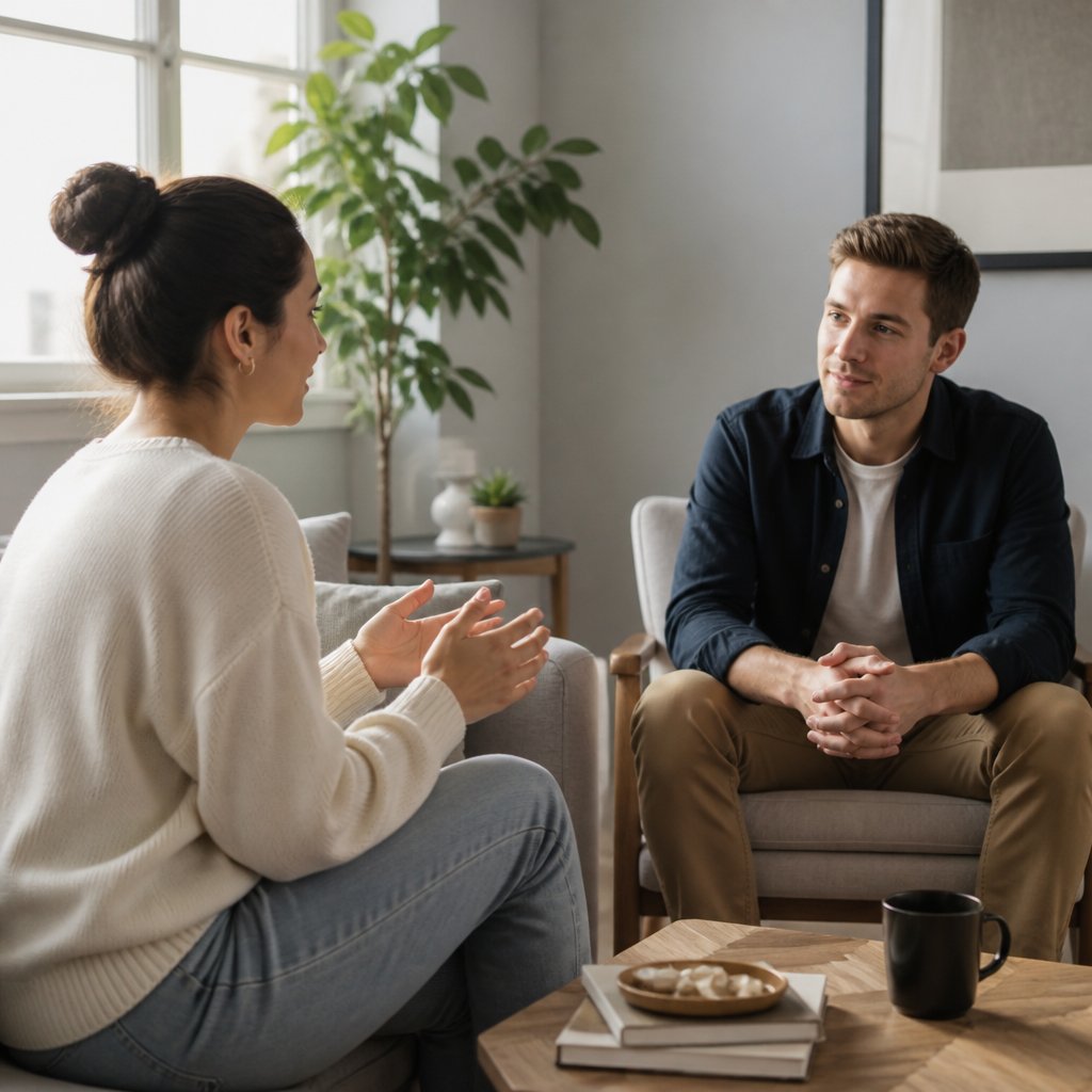 A couple sits comfortably apart in a bright apartment while one listens attentively to the other.