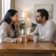 A married couple sits across from each other at a table, having a calm and sincere conversation at home.