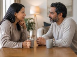 A married couple sits across from each other at a table, having a calm and sincere conversation at home.