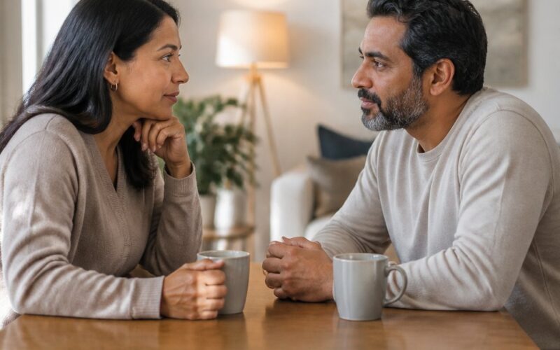 A married couple sits across from each other at a table, having a calm and sincere conversation at home.