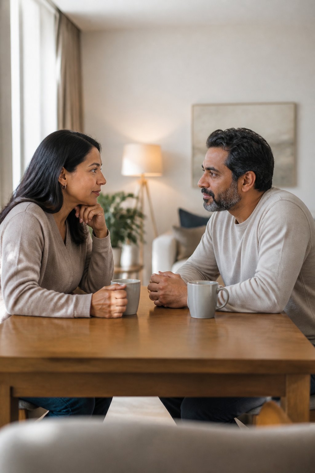 A married couple sits across from each other at a table, having a calm and sincere conversation at home.