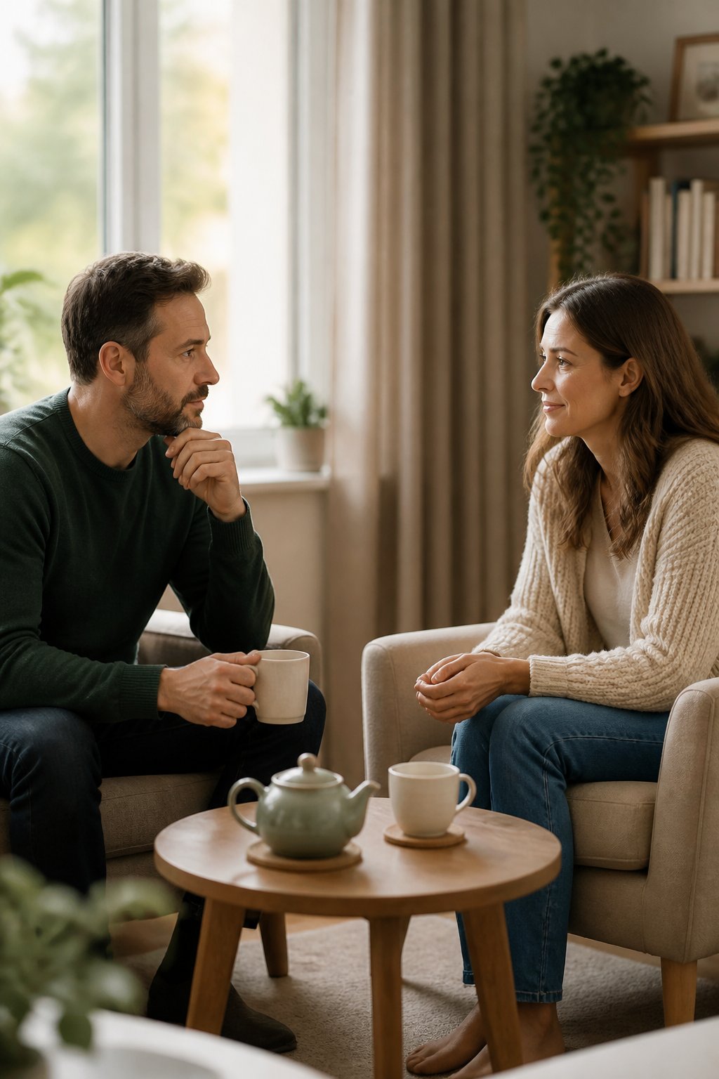 A couple sits facing each other in a calm living room, listening thoughtfully and beginning to reconnect.