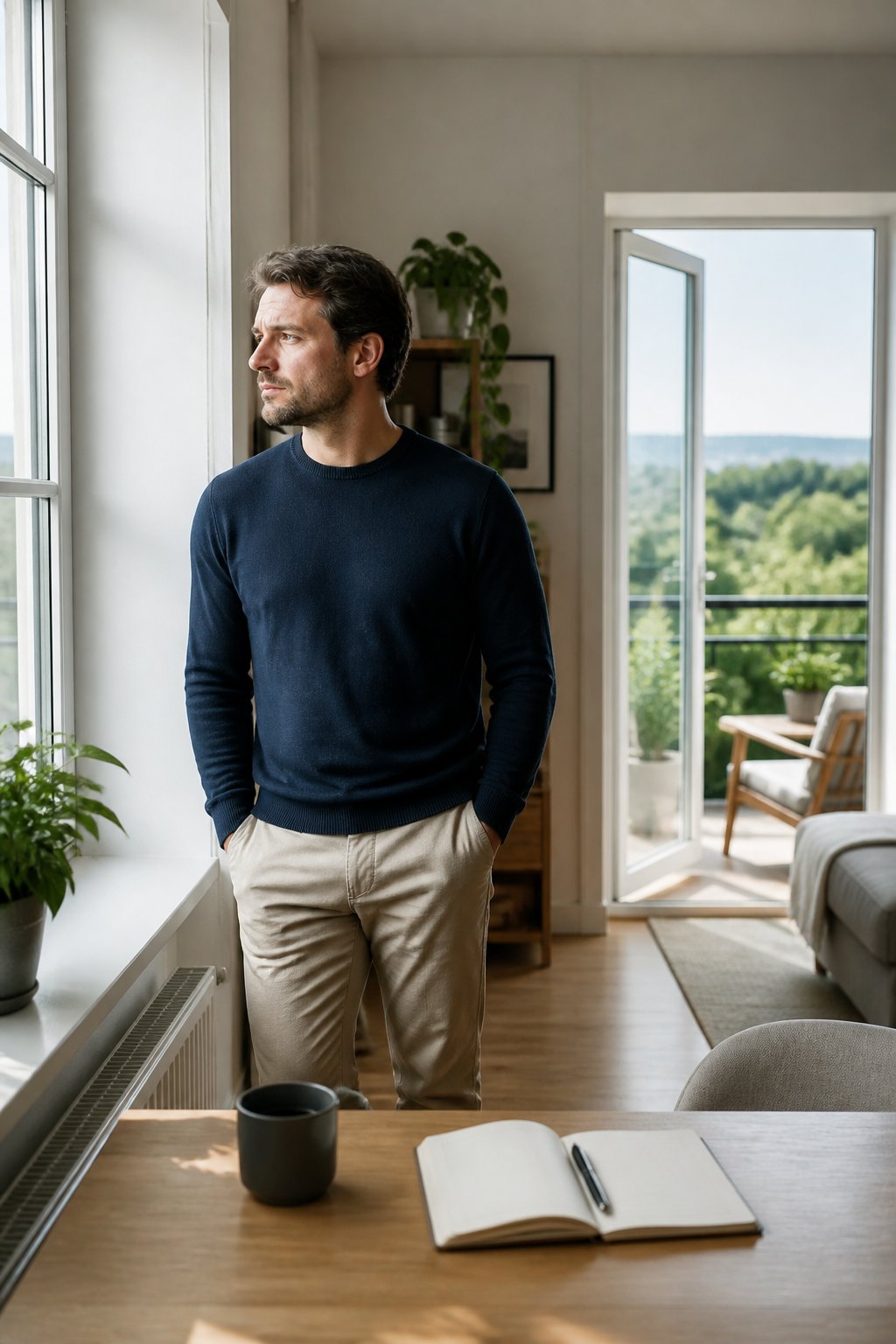 A thoughtful man stands alone by a bright apartment window beside an open doorway and houseplants.
