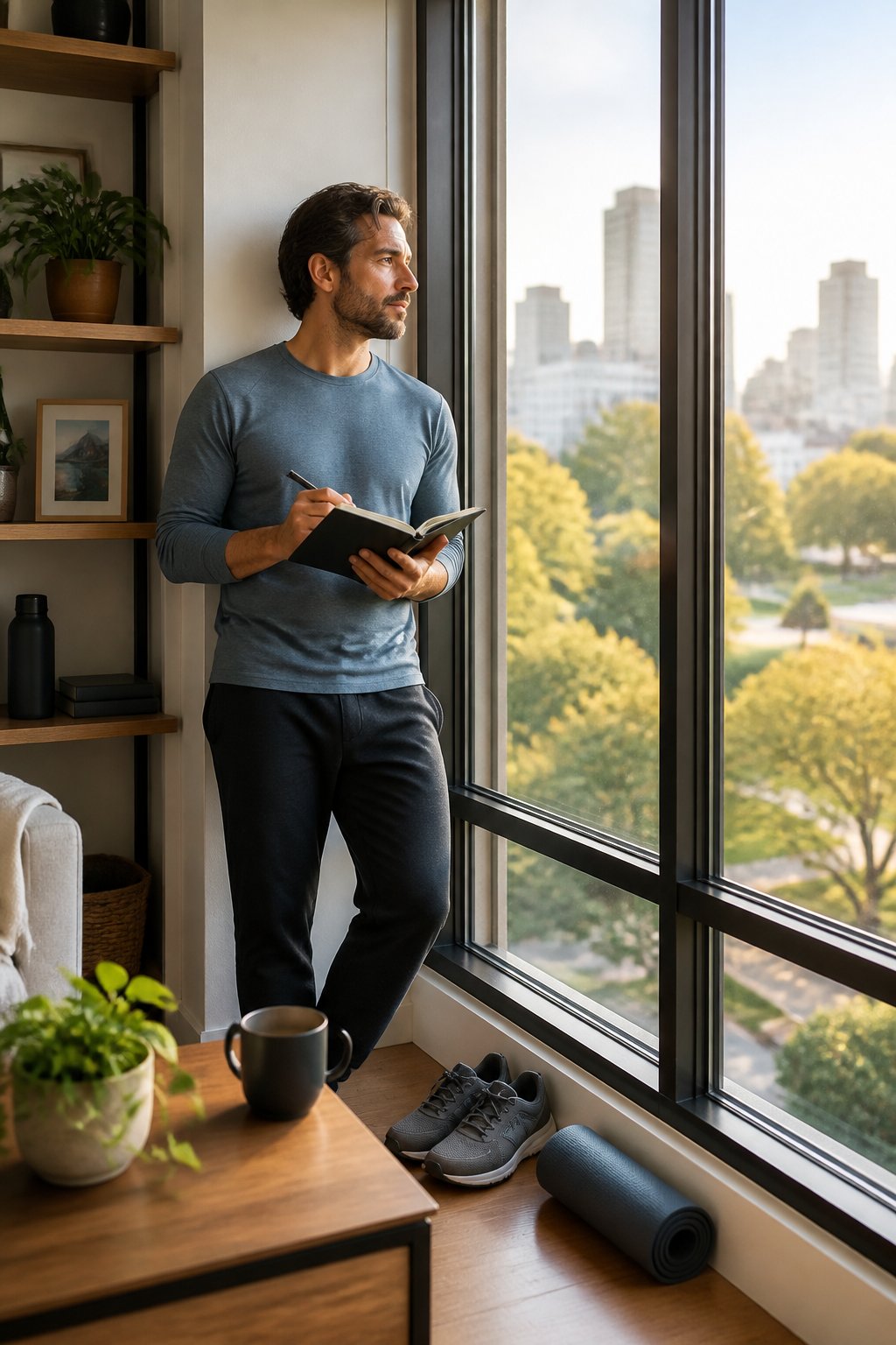A man reflects by a bright window in a tidy apartment with a journal and signs of personal growth nearby.
