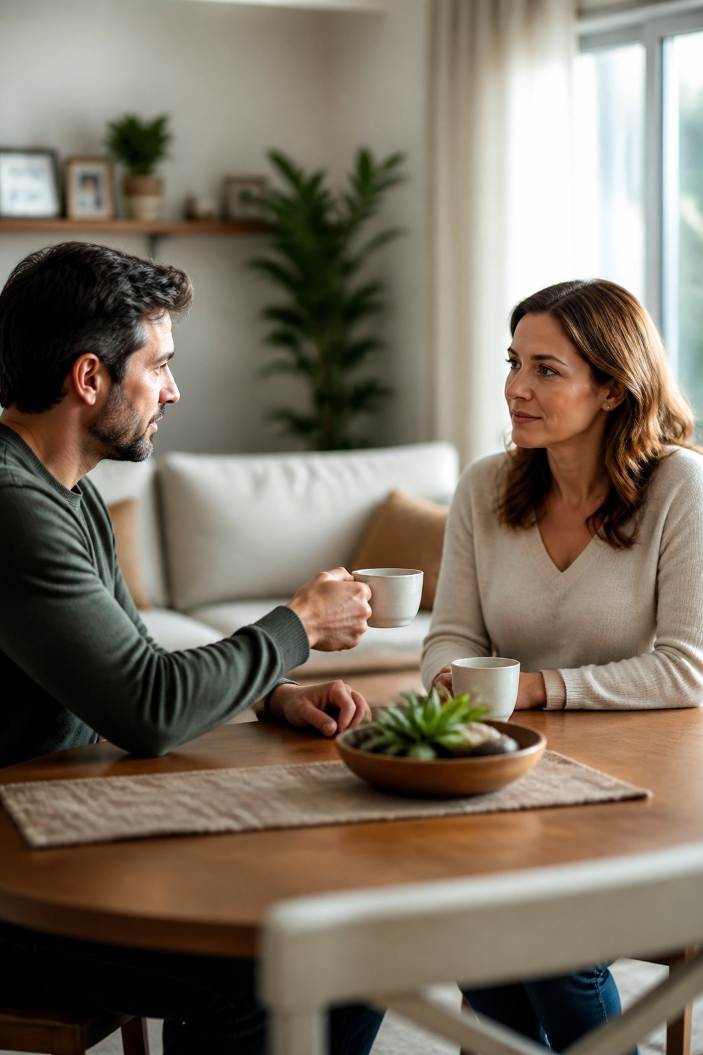A couple sits together in a calm room, sharing a gentle and respectful moment of reconnection.