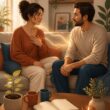 A couple sits together on a sofa, sharing a calm and supportive moment in a warm home.
