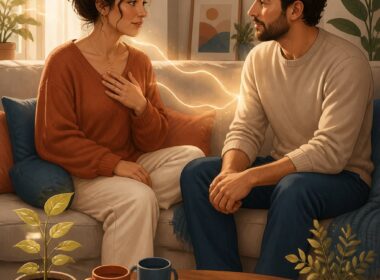 A couple sits together on a sofa, sharing a calm and supportive moment in a warm home.