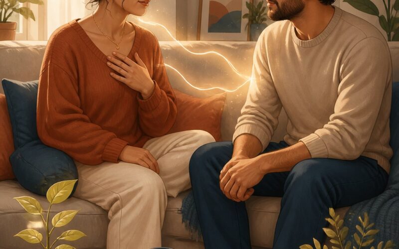 A couple sits together on a sofa, sharing a calm and supportive moment in a warm home.
