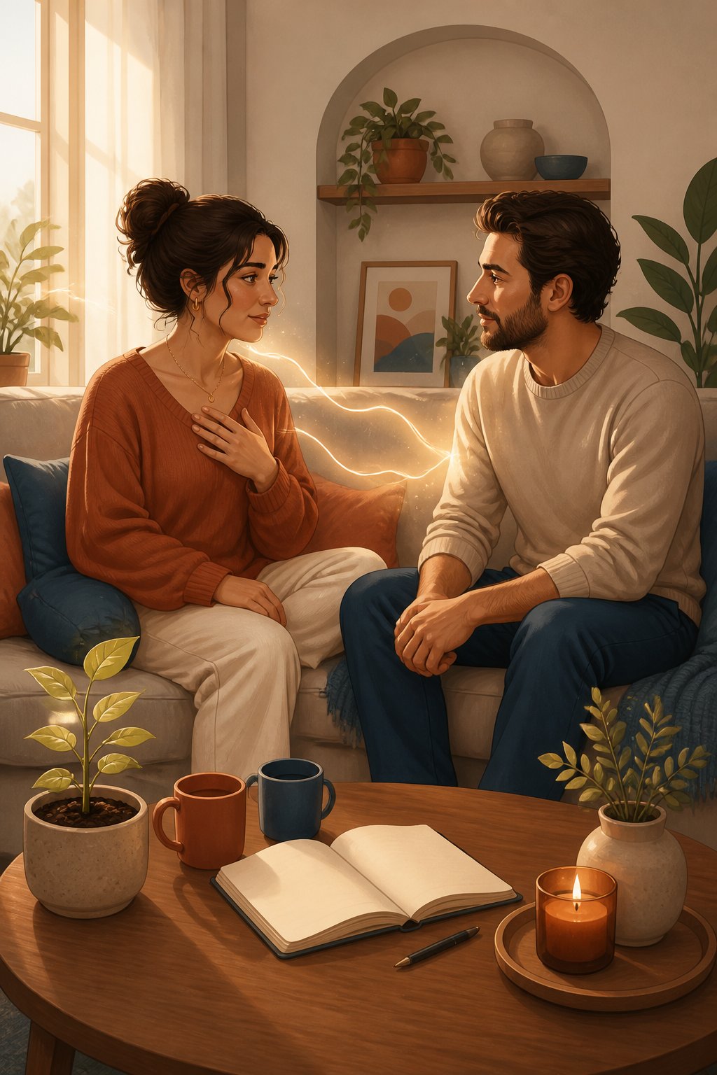 A couple sits together on a sofa, sharing a calm and supportive moment in a warm home.