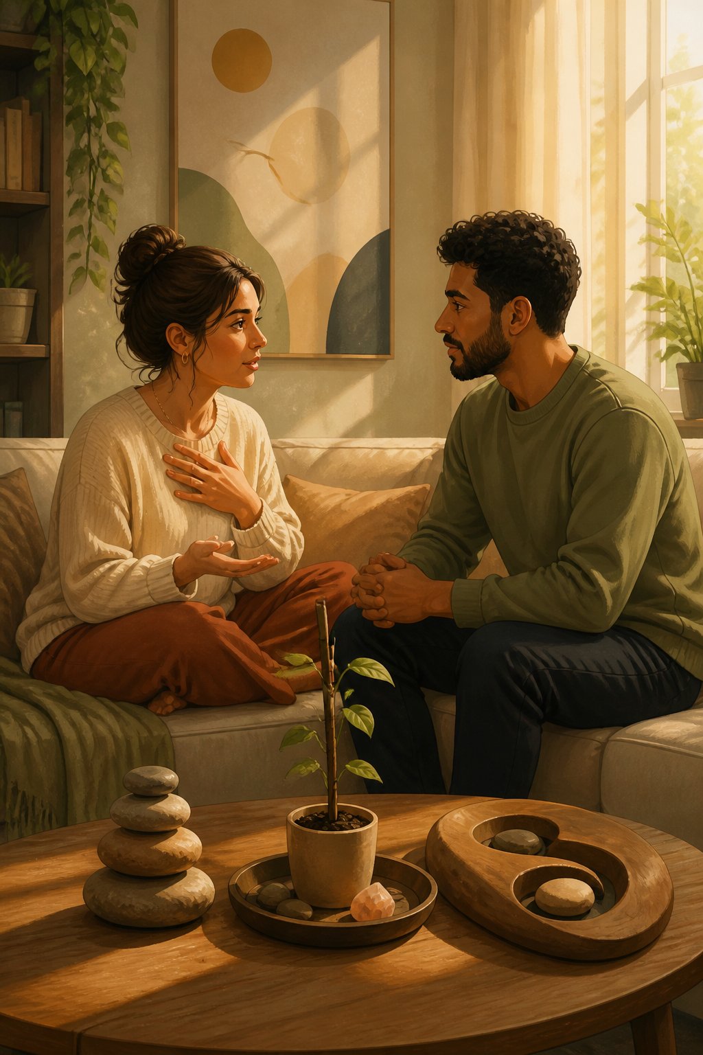 A couple sits together at home, sharing a calm and supportive conversation.