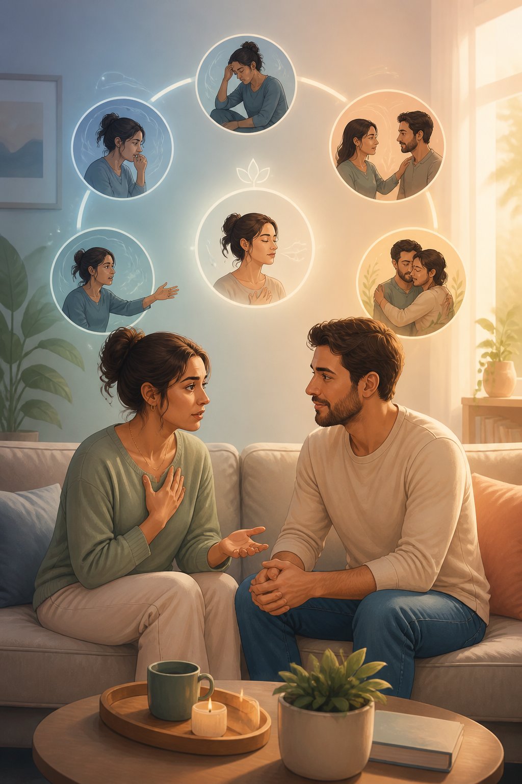 A couple calmly communicates at home while soft circular forms represent moving from relationship anxiety toward security.