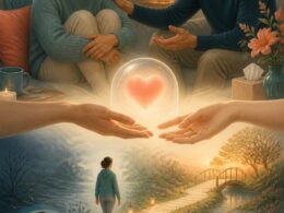 A person receives calm, supportive reassurance from a companion in a welcoming space surrounded by symbols of safety, trust, and emotional connection.