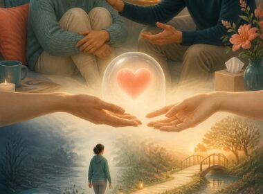 A person receives calm, supportive reassurance from a companion in a welcoming space surrounded by symbols of safety, trust, and emotional connection.