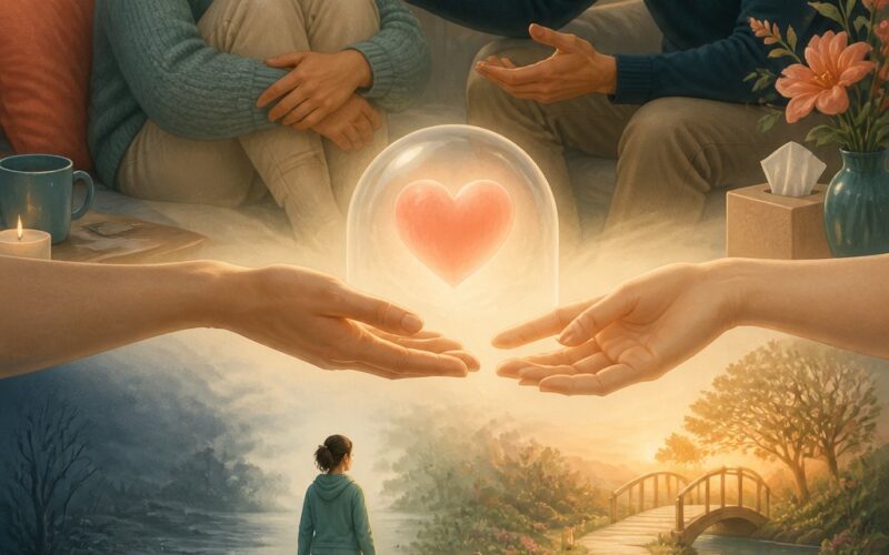 A person receives calm, supportive reassurance from a companion in a welcoming space surrounded by symbols of safety, trust, and emotional connection.
