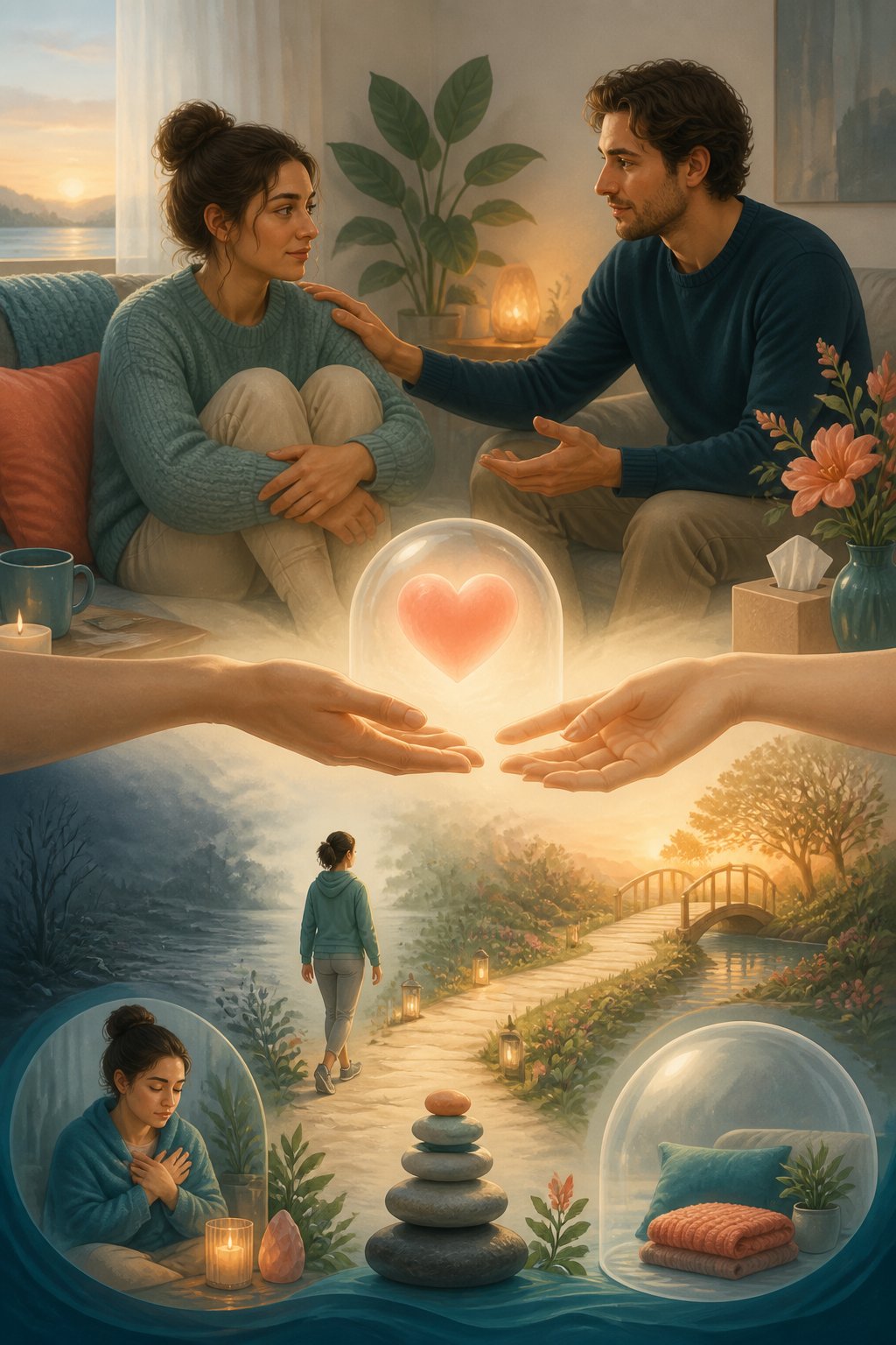 A person receives calm, supportive reassurance from a companion in a welcoming space surrounded by symbols of safety, trust, and emotional connection.