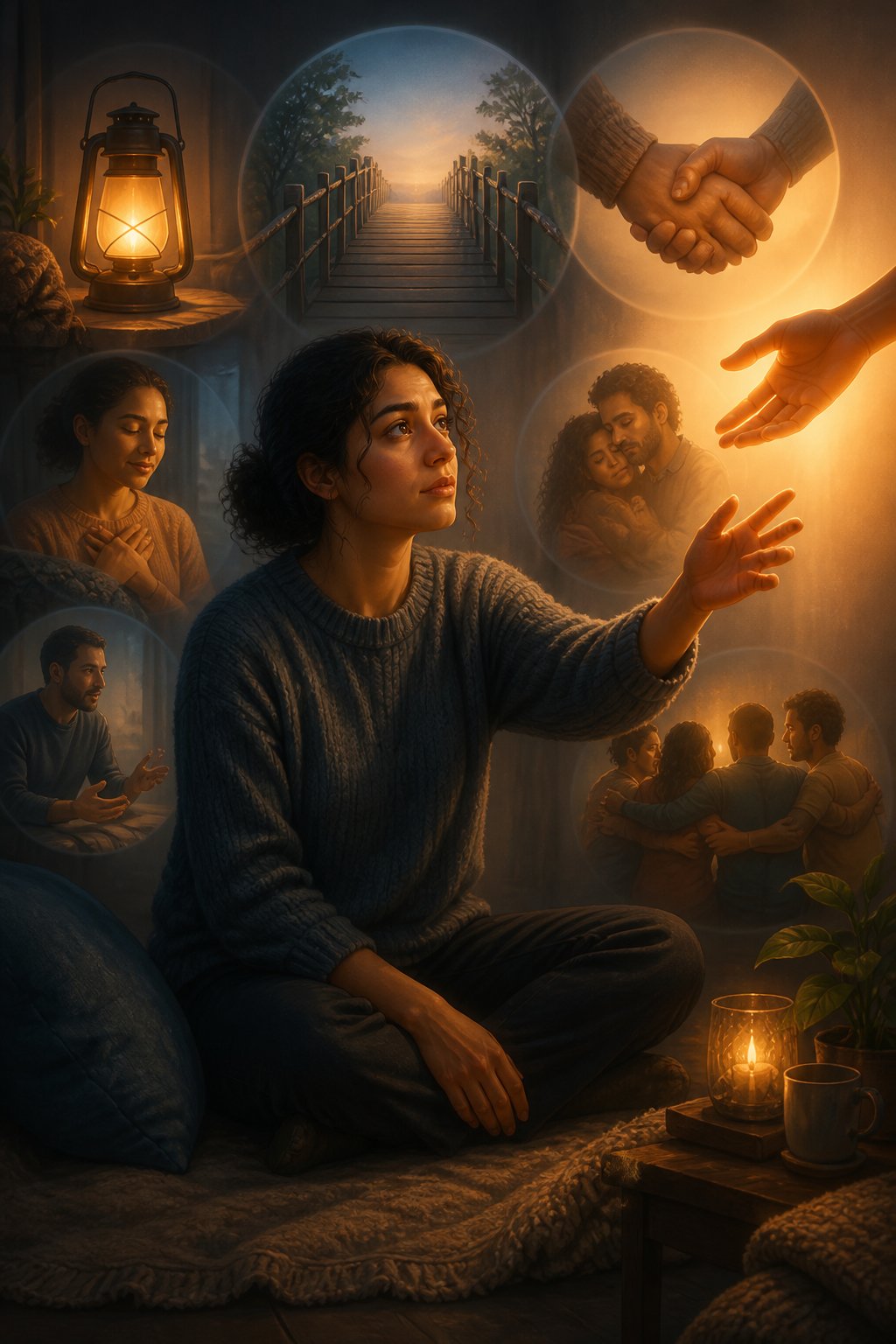A thoughtful person reaches toward a warm light in a calm room surrounded by symbols of safety, trust, and connection.