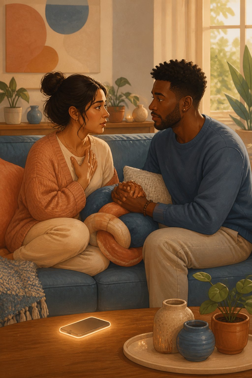 Two partners sit together on a sofa, holding hands as one listens and offers reassurance to the other.