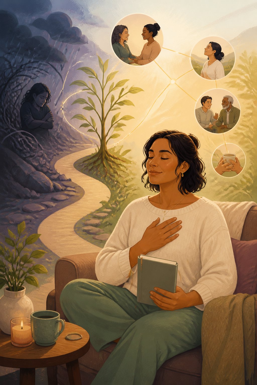 A person calmly practicing self-comfort beside a growing plant on a path leading from darkness into warm light.