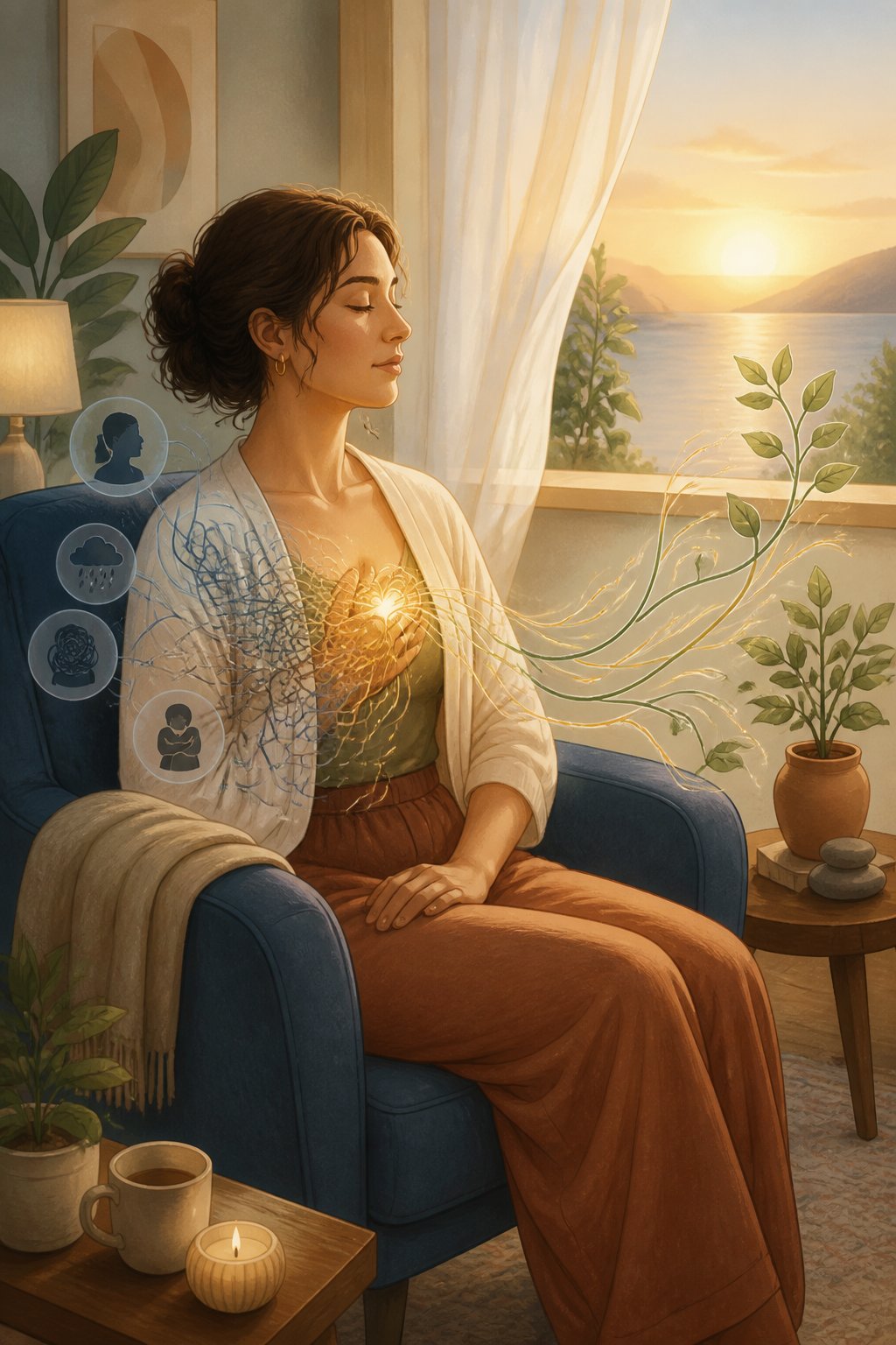 A person calmly reflecting as tangled lines around their heart gradually become gentle, flowing paths beside a growing plant and an open window.