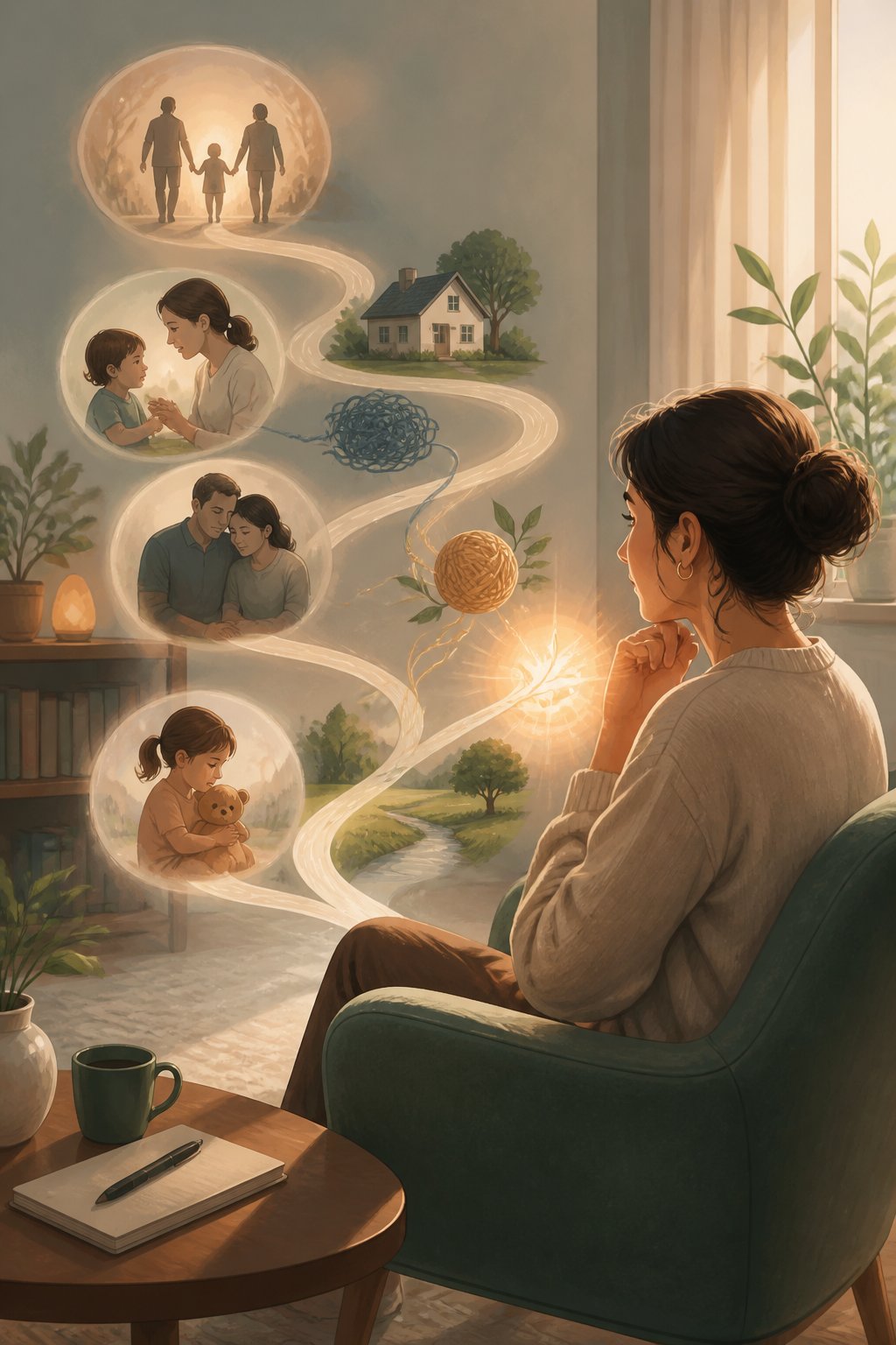 An adult calmly exploring symbolic connections between childhood experiences and present emotions in a supportive reflective setting.