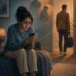 A worried person checks their phone while watching a partner move away through a doorway.