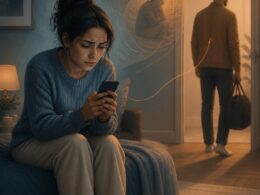 A worried person checks their phone while watching a partner move away through a doorway.