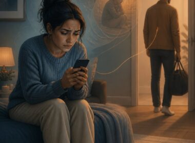 A worried person checks their phone while watching a partner move away through a doorway.