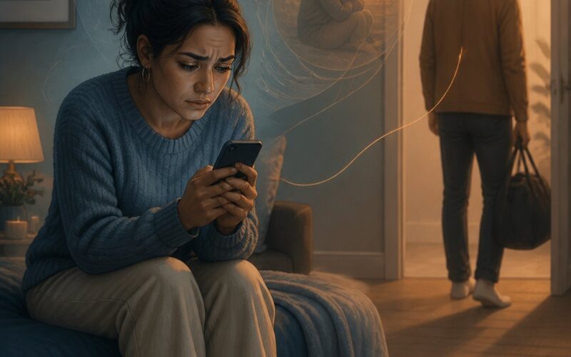 A worried person checks their phone while watching a partner move away through a doorway.