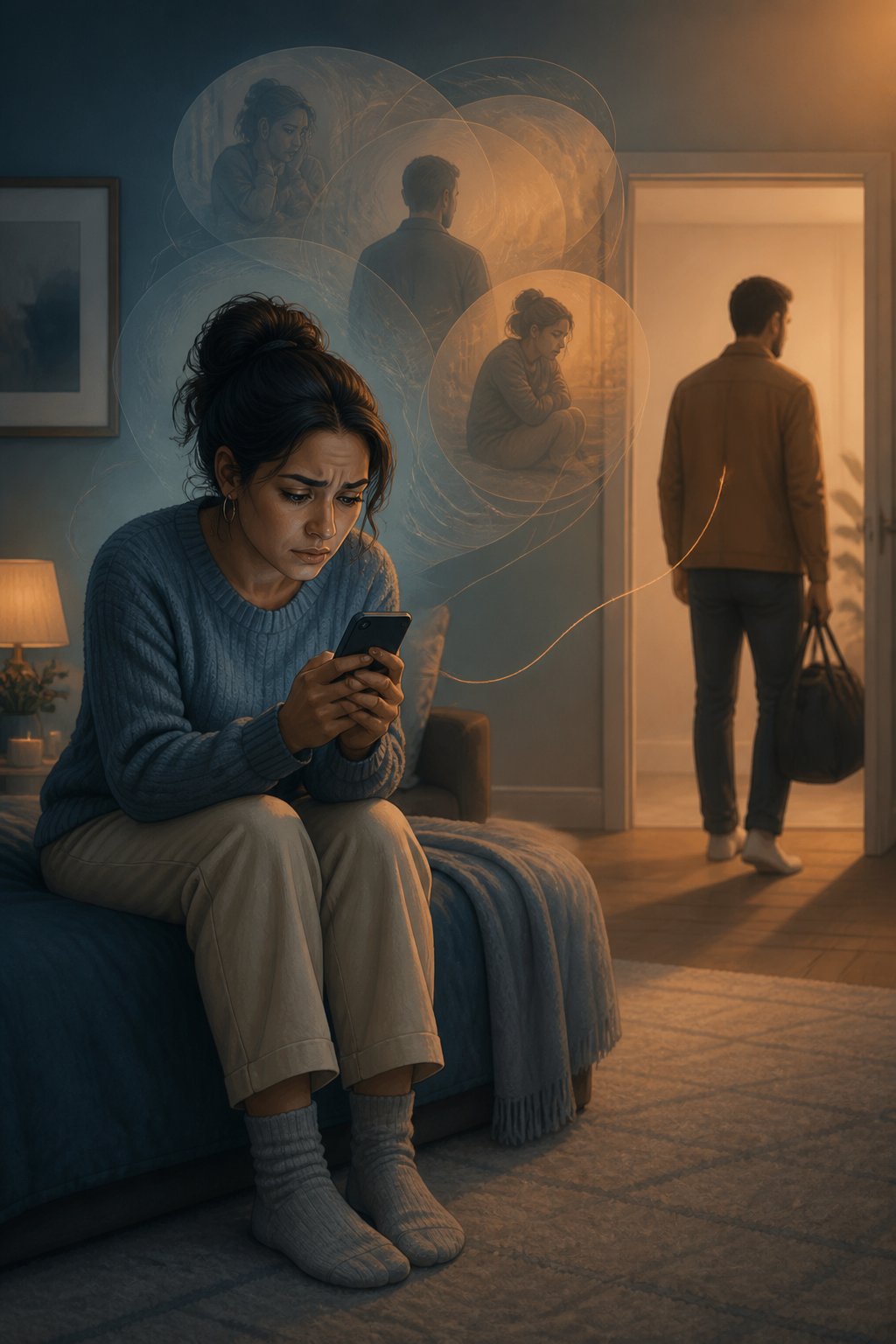 A worried person checks their phone while watching a partner move away through a doorway.