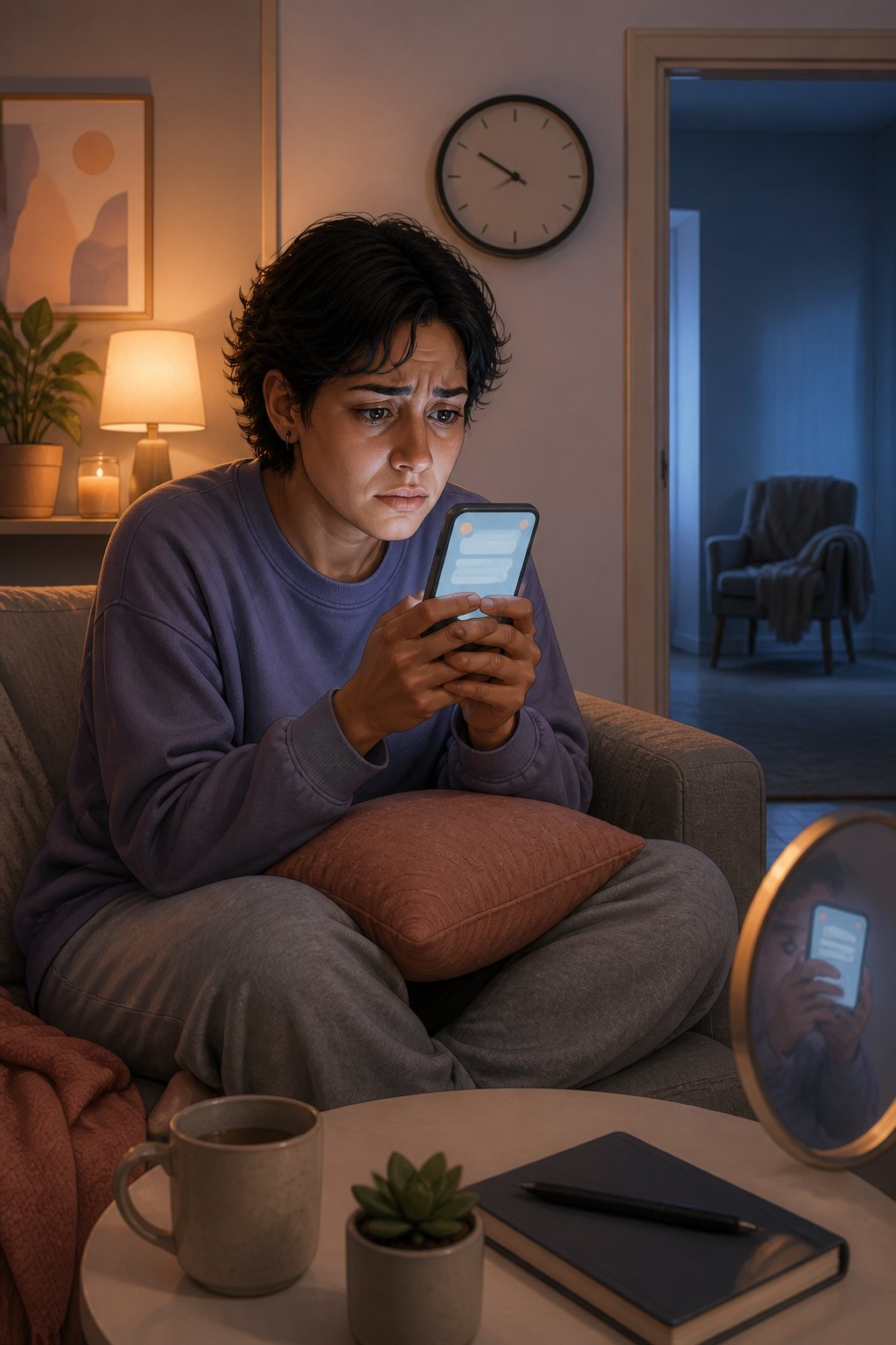 A worried person checks a smartphone while sitting alone in a softly lit room.