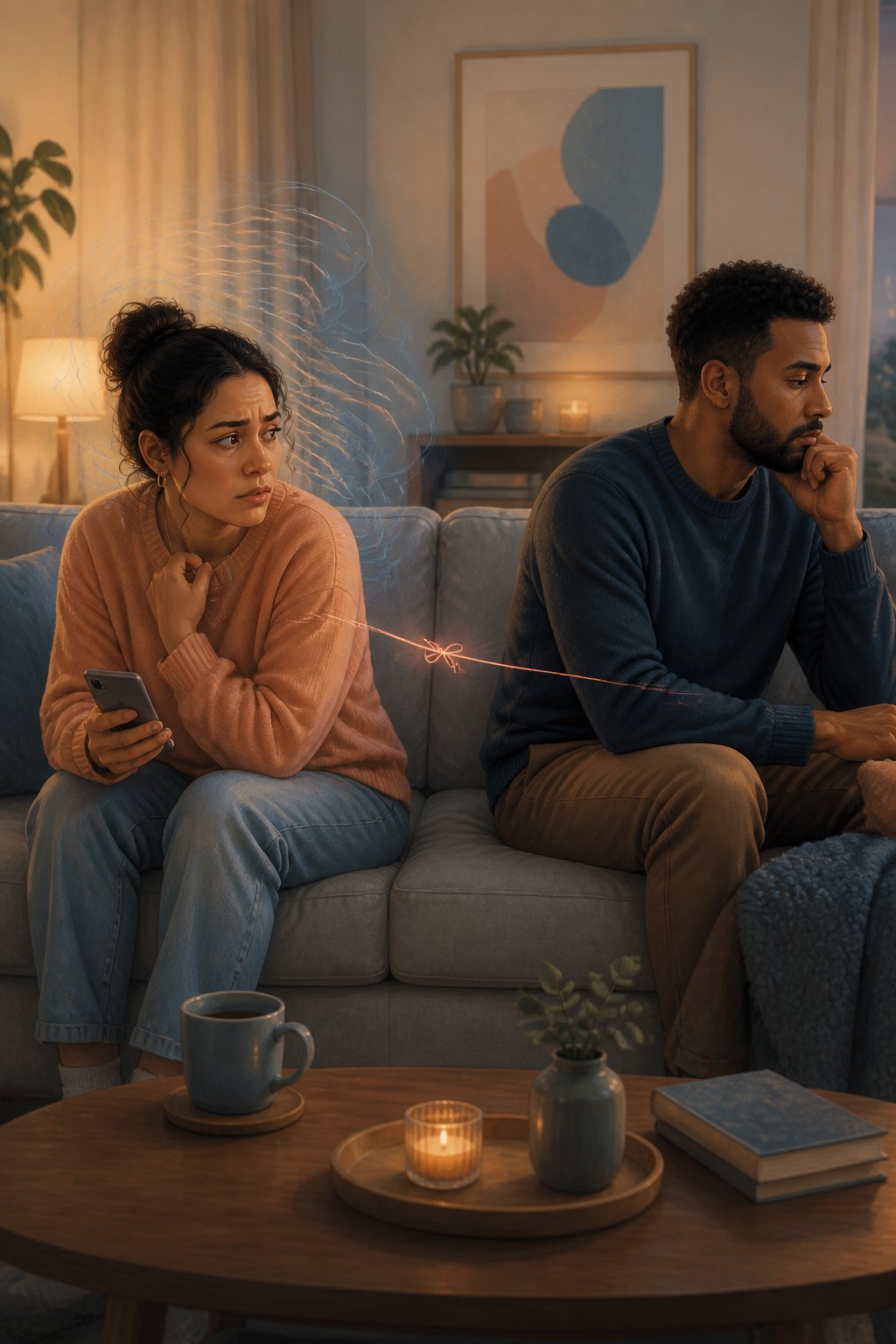 Two partners sit together in a living room, with one appearing worried and seeking reassurance while the other gently maintains personal space.