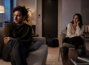 Two adults sit far apart in a living room as one prepares to leave, conveying emotional distance at the end of a relationship.