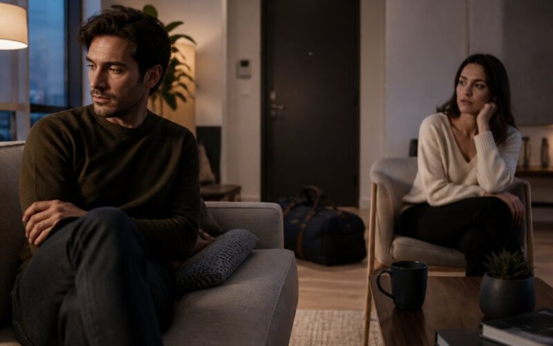 Two adults sit far apart in a living room as one prepares to leave, conveying emotional distance at the end of a relationship.