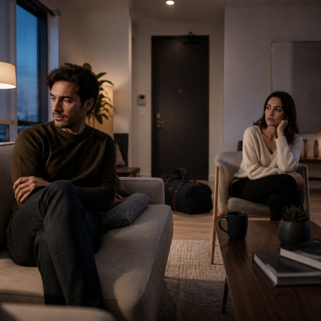 Two adults sit far apart in a living room as one prepares to leave, conveying emotional distance at the end of a relationship.