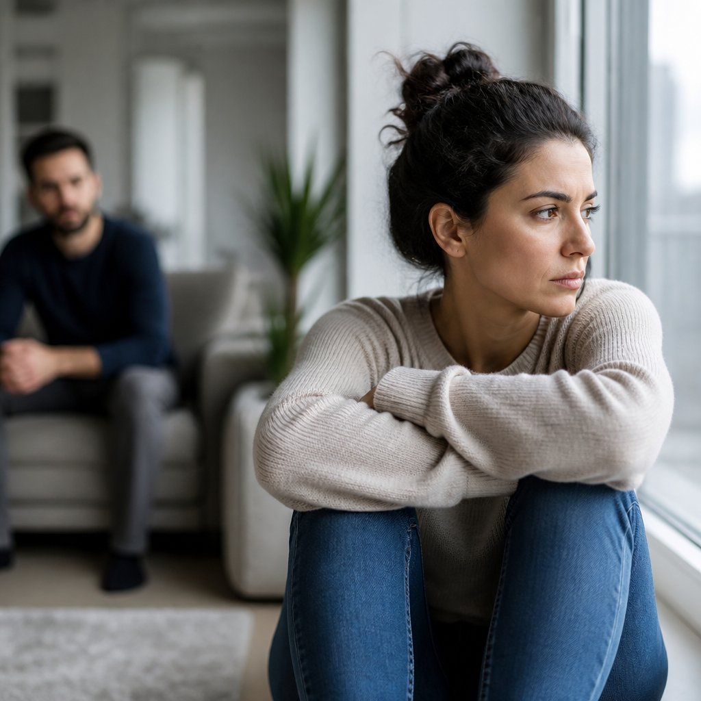 One partner sits apart by a window while the other watches from the background, showing emotional distance.