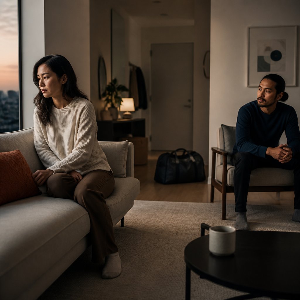 Two people sit apart in a quiet living room as one gathers belongings to leave.