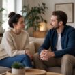 A couple sits together in a softly lit living room, listening to each other with calm, caring expressions.