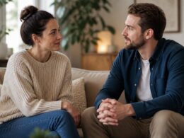 A couple sits together in a softly lit living room, listening to each other with calm, caring expressions.