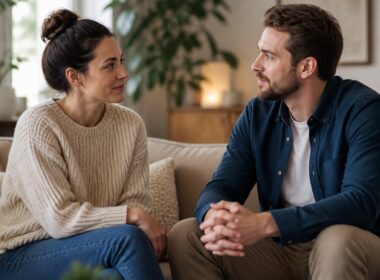 A couple sits together in a softly lit living room, listening to each other with calm, caring expressions.