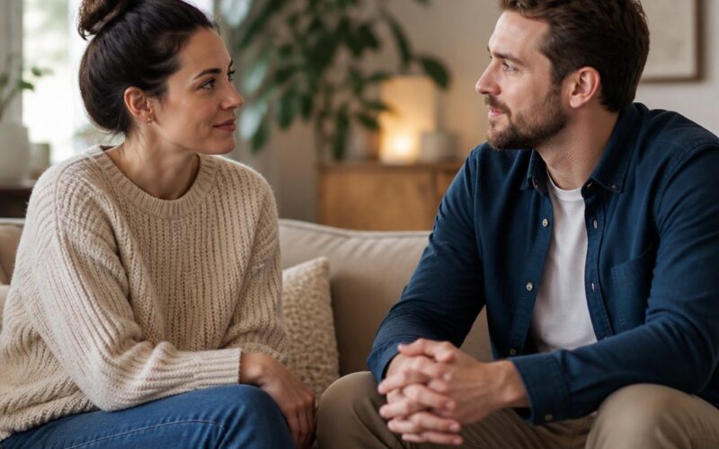 A couple sits together in a softly lit living room, listening to each other with calm, caring expressions.