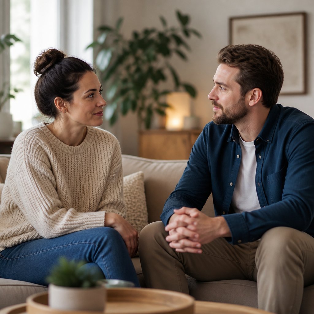 A couple sits together in a softly lit living room, listening to each other with calm, caring expressions.